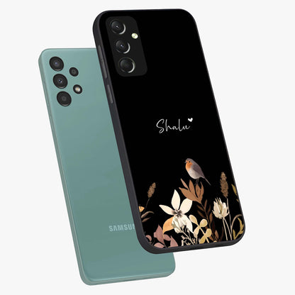 Quiet Garden Tune Custom Name Glass Case displayed in angled mockup highlighting delicate floral garden design with custom name feature.