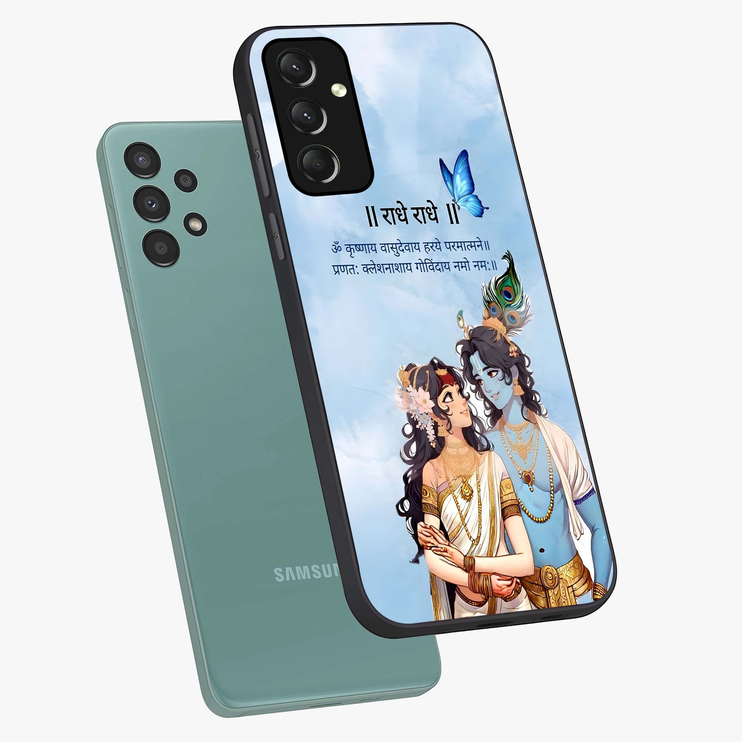 Radha Krishna Eternal Glass Case displayed in angled mockup highlighting divine Radha Krishna illustration with spiritual aesthetic.