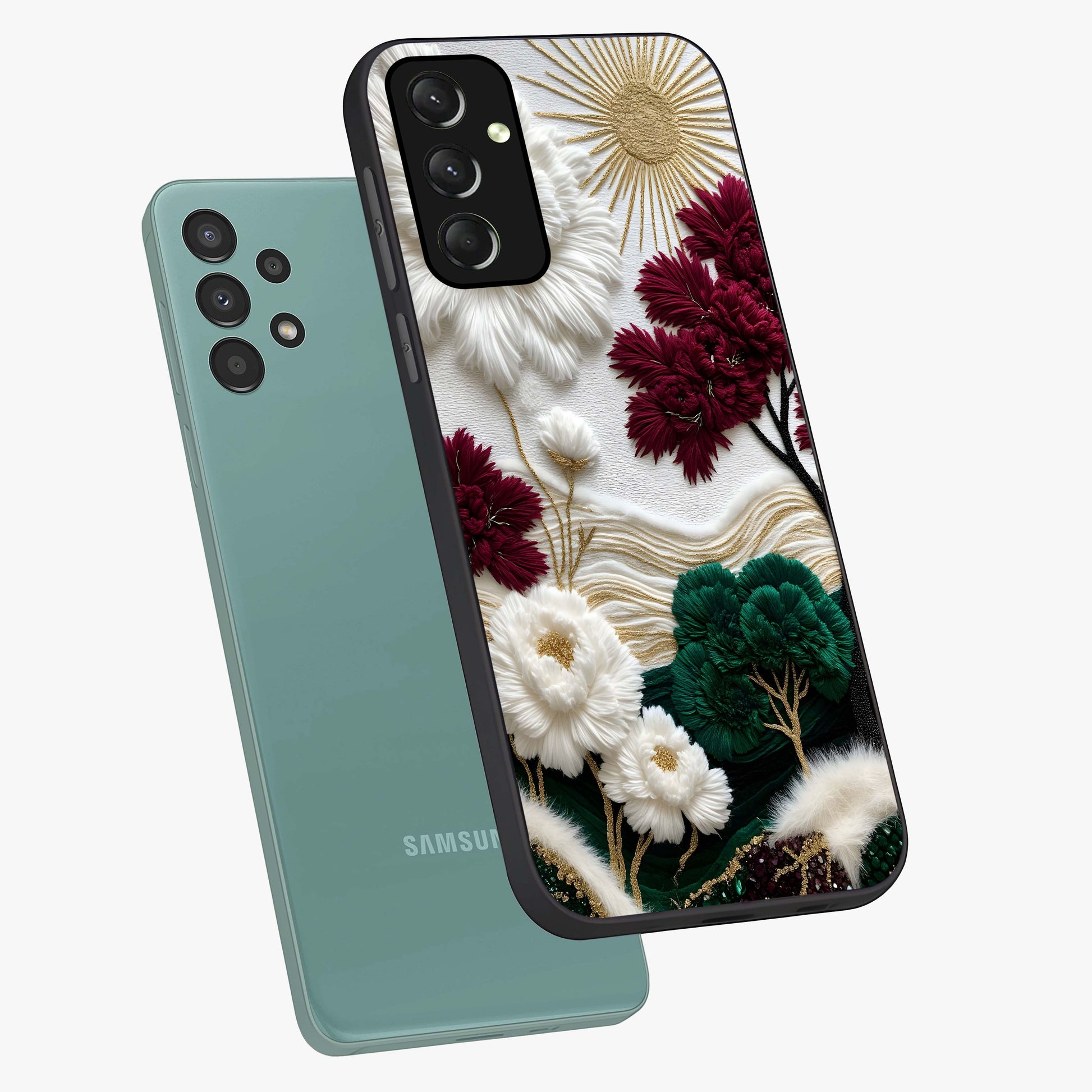 Radiant Bloom Elegance Glass Case displayed in angled mockup highlighting graceful floral design with radiant aesthetic style.