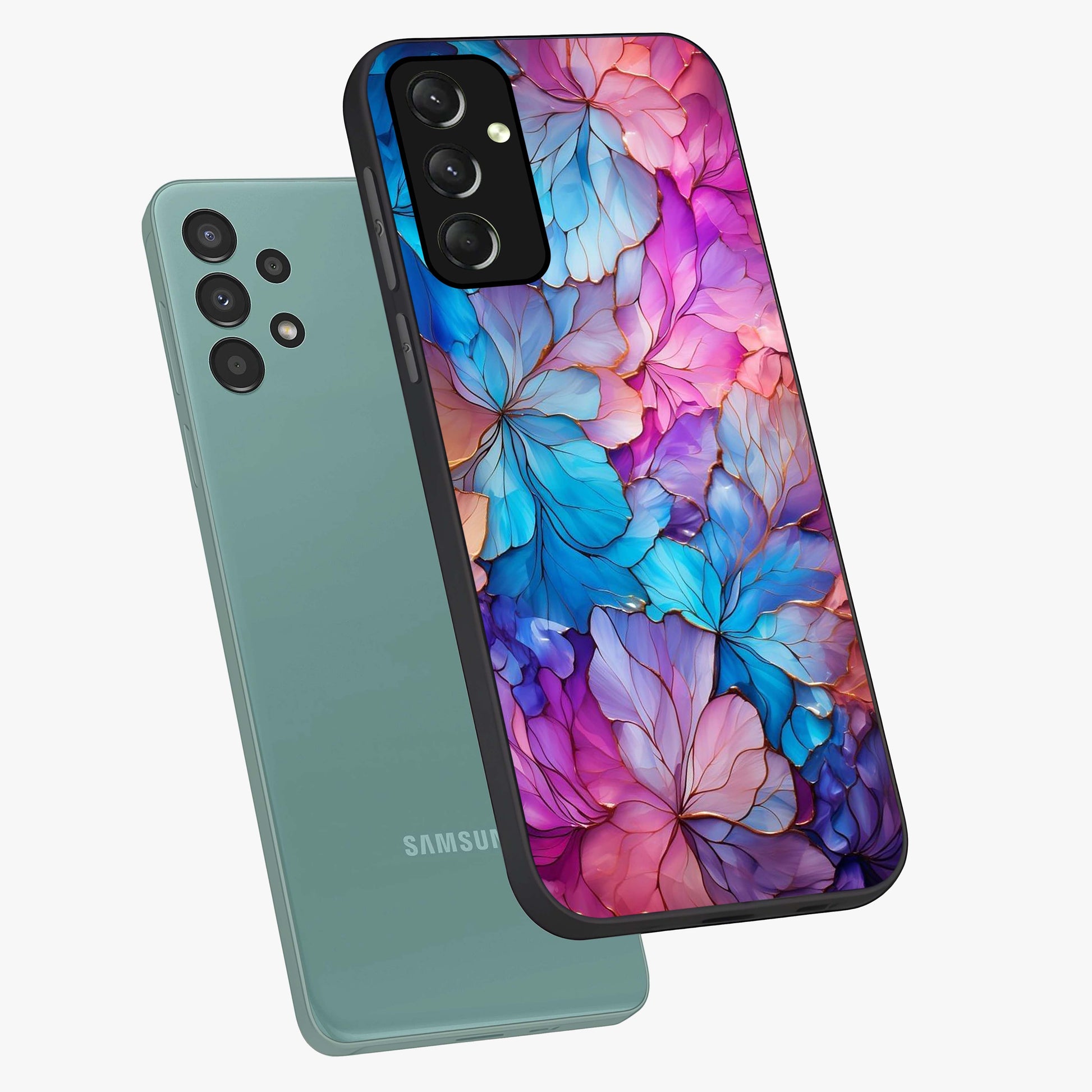 Radiant Floral Whirl Glass Case displayed in angled mockup highlighting vibrant flower pattern with dynamic artistic aesthetic.