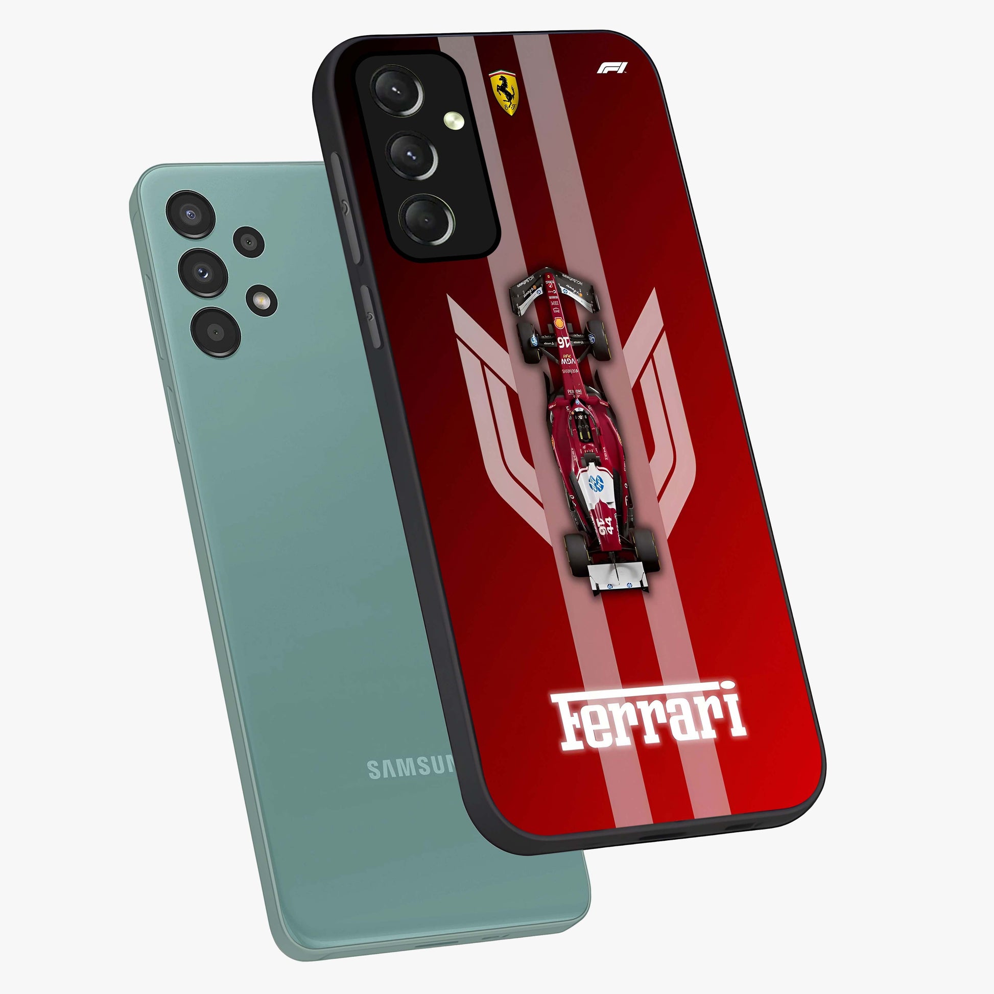 Red Ferrari F1 Vertical Glass Case displayed in angled mockup highlighting high speed racing design with bold automotive aesthetic.