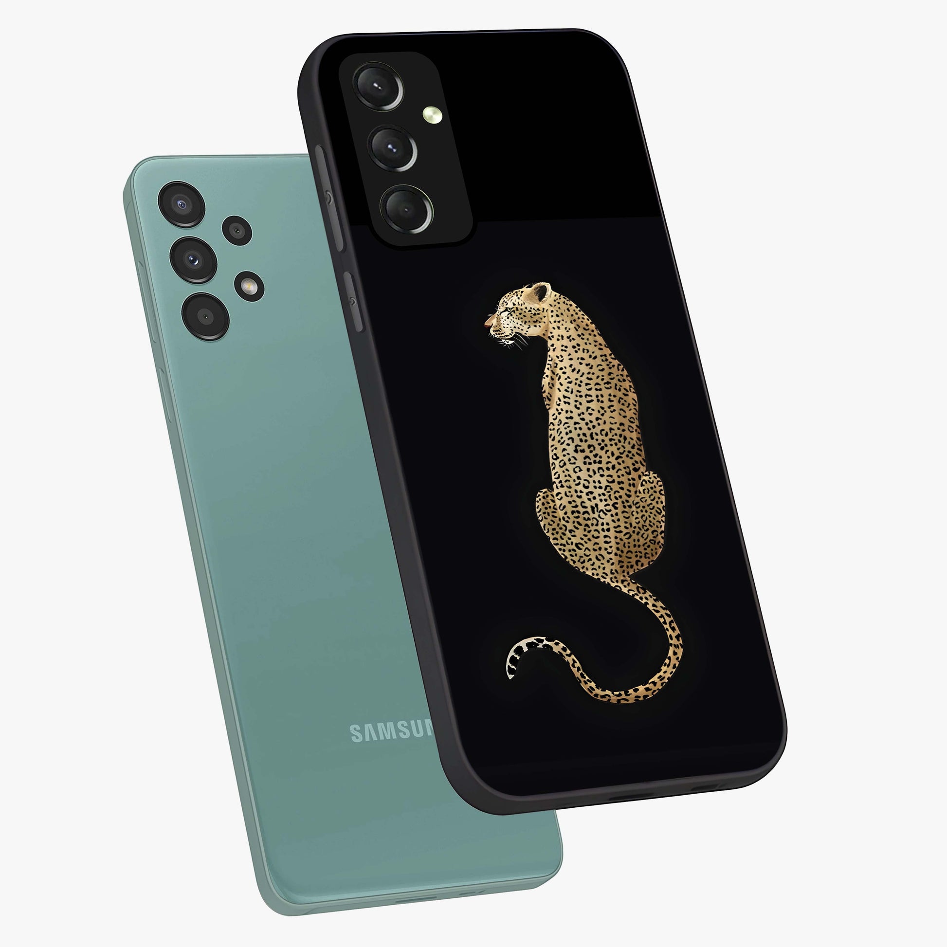 Regal Leopard Glass Case displayed in angled mockup highlighting powerful animal illustration with stylish wild aesthetic.