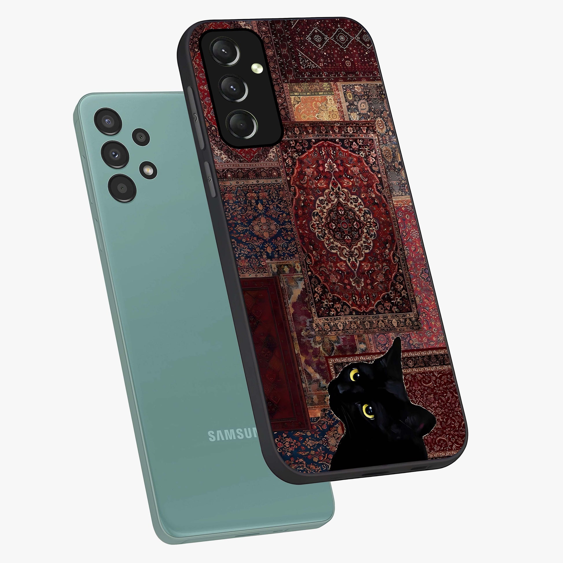 Regal Magic Cat Apple Glass Case displayed in angled mockup highlighting whimsical feline design with fantasy aesthetic.