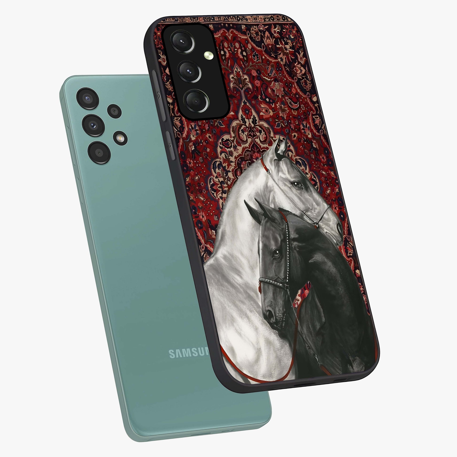 Regal Stallion Tapestry Glass Case displayed in angled mockup highlighting royal stallion design with decorative heritage aesthetic.