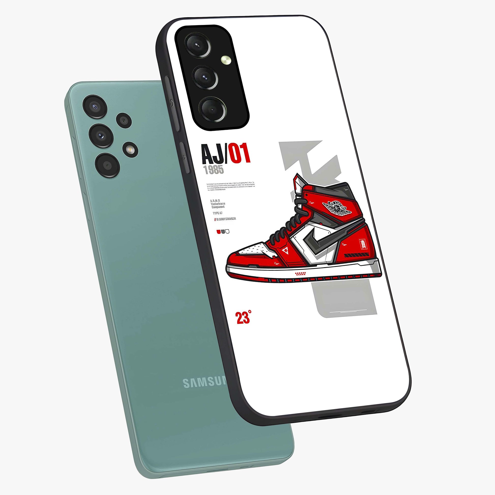 Retro Sneaker Blueprint Glass Case displayed in angled mockup highlighting detailed shoe design with sporty retro aesthetic.