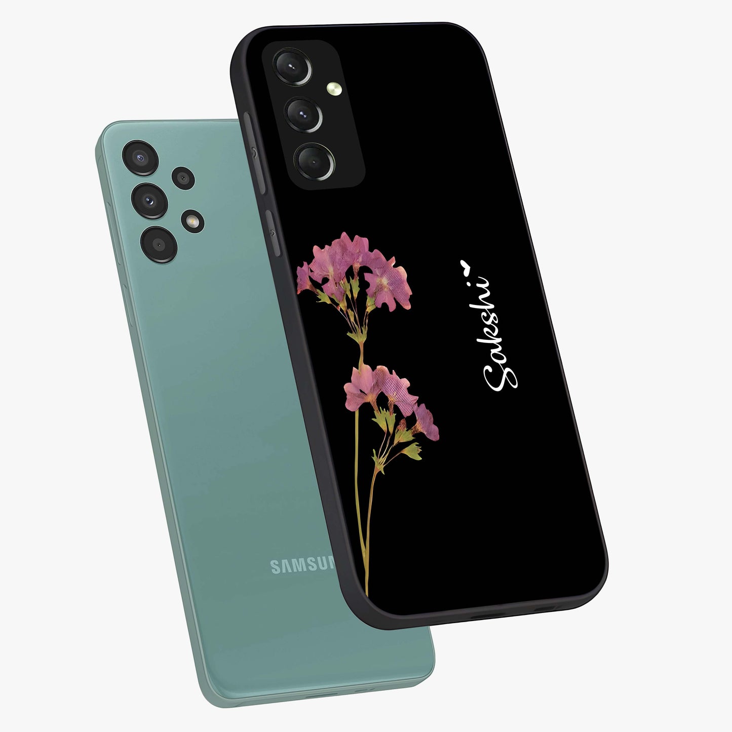 Riching Lavender Flower Custom Name Glass Case displayed in angled mockup highlighting delicate lavender flower design with custom name feature.