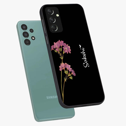 Riching Lavender Flower Custom Name Glass Case displayed in angled mockup highlighting delicate lavender flower design with custom name feature.