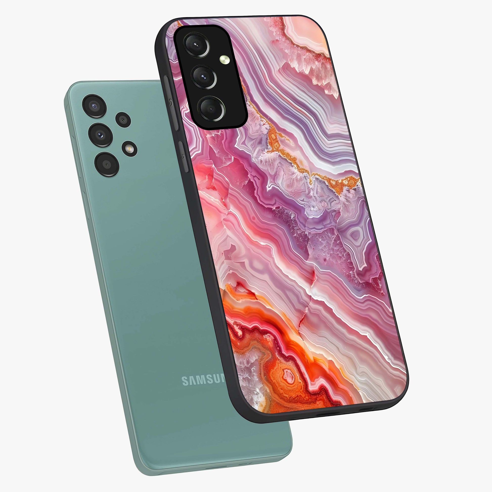 Rose Quartz Marble Glass Case displayed in angled mockup highlighting elegant marble pattern with soft aesthetic style.