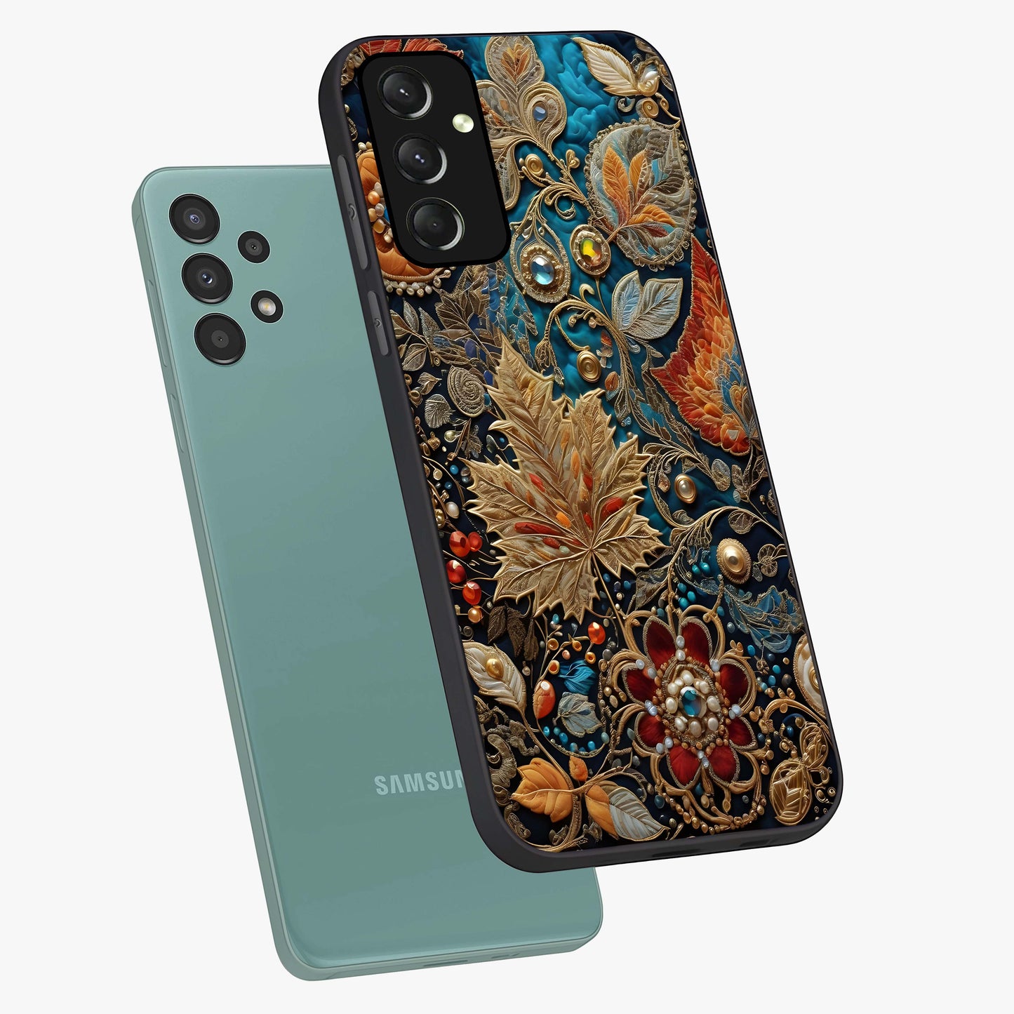 Royal Jewel Garden Glass Case displayed in angled mockup highlighting vibrant jewel inspired floral design with elegant aesthetic.