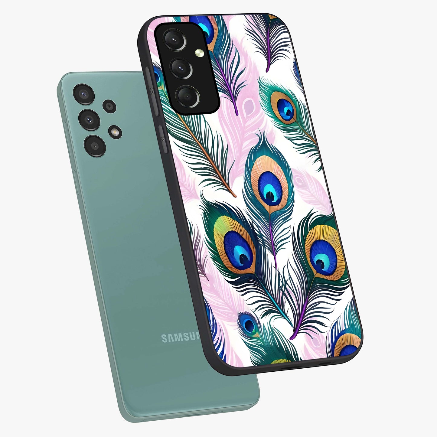 Royal Peacock Feathers Glass Case displayed in angled mockup highlighting vibrant feather pattern with regal aesthetic style.