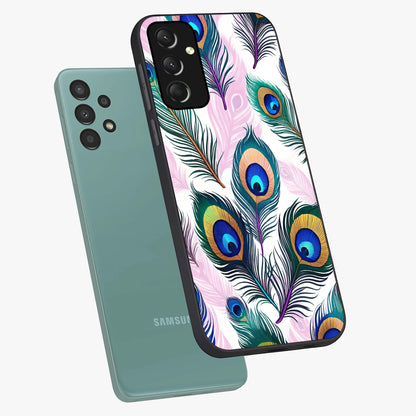 Royal Peacock Feathers Glass Case displayed in angled mockup highlighting vibrant feather pattern with regal aesthetic style.