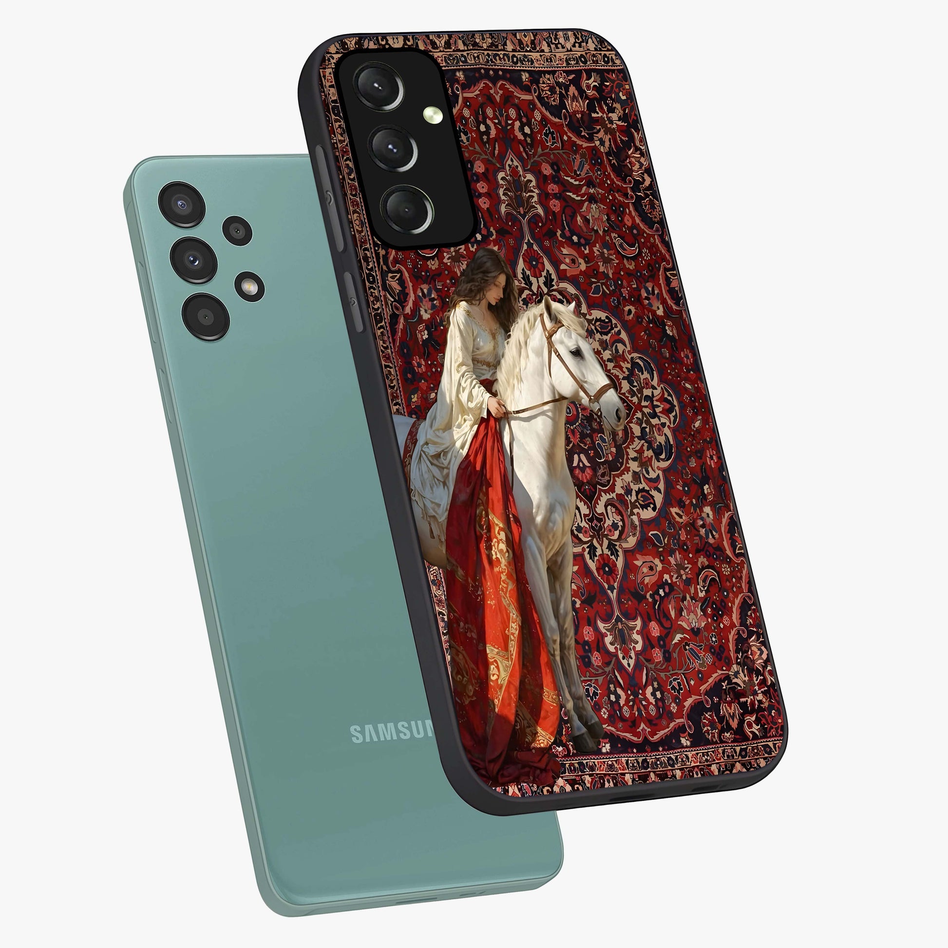 Royal Rider Tapestry Glass Case displayed in angled mockup highlighting traditional tapestry design with royal heritage aesthetic.