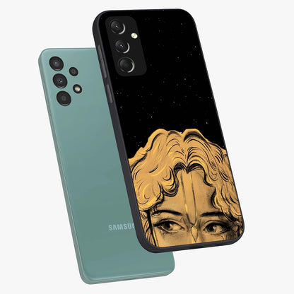 Shri Krishna Art Glass Case displayed in angled mockup highlighting spiritual Krishna illustration with divine aesthetic.