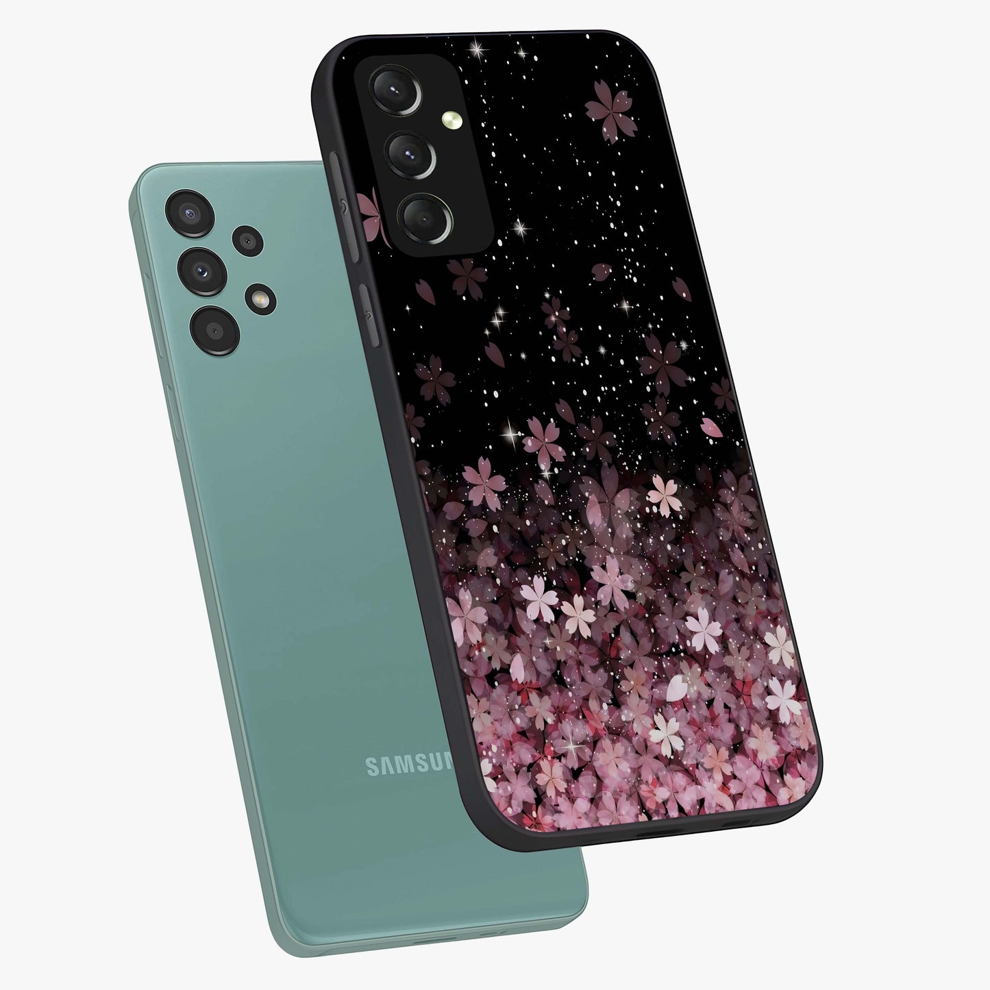 Small Starry Flowers Glass Case displayed in angled mockup highlighting tiny flower pattern with celestial aesthetic style.