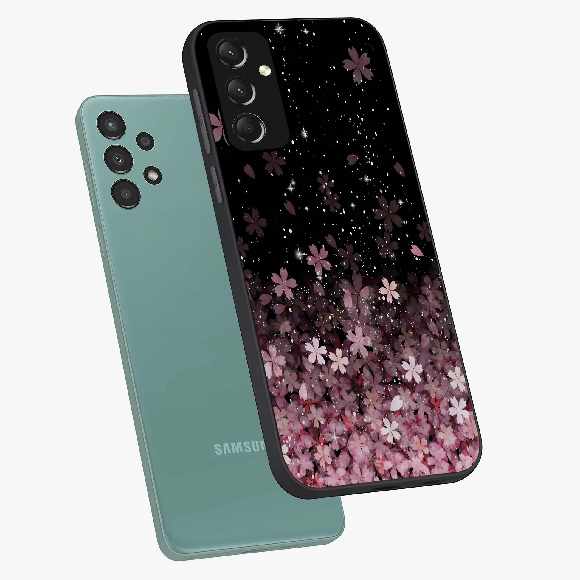 Small Starry Flowers Glass Case displayed in angled mockup highlighting tiny flower pattern with celestial aesthetic style.