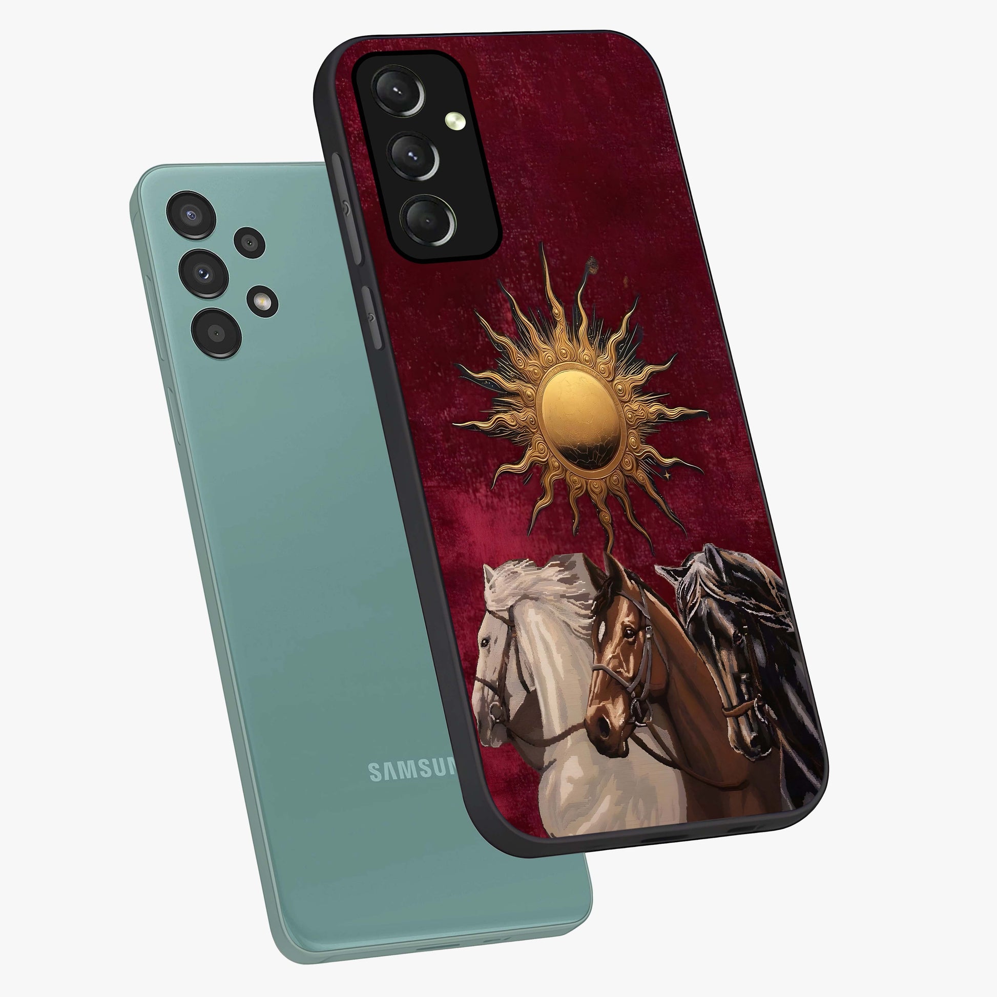Solar Riders Glass Case displayed in angled mockup highlighting powerful rider illustration with radiant solar aesthetic.