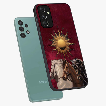 Solar Riders Glass Case displayed in angled mockup highlighting powerful rider illustration with radiant solar aesthetic.