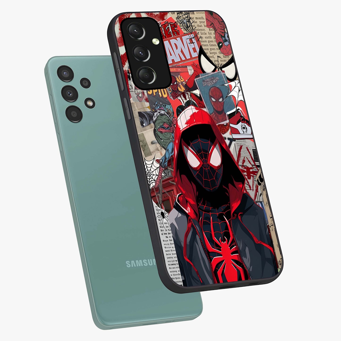 Spider Collage Street Glass Case displayed in angled mockup highlighting dynamic street style collage design with comic aesthetic.