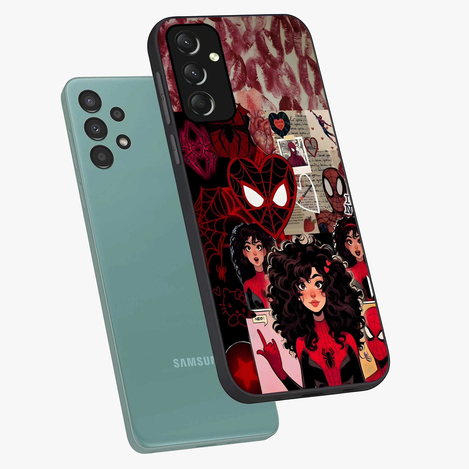 Spider Love Story Glass Case displayed in angled mockup highlighting expressive comic inspired design with playful aesthetic.