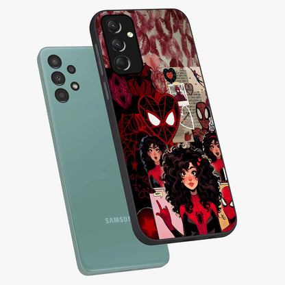 Spider Love Story Glass Case displayed in angled mockup highlighting expressive comic inspired design with playful aesthetic.