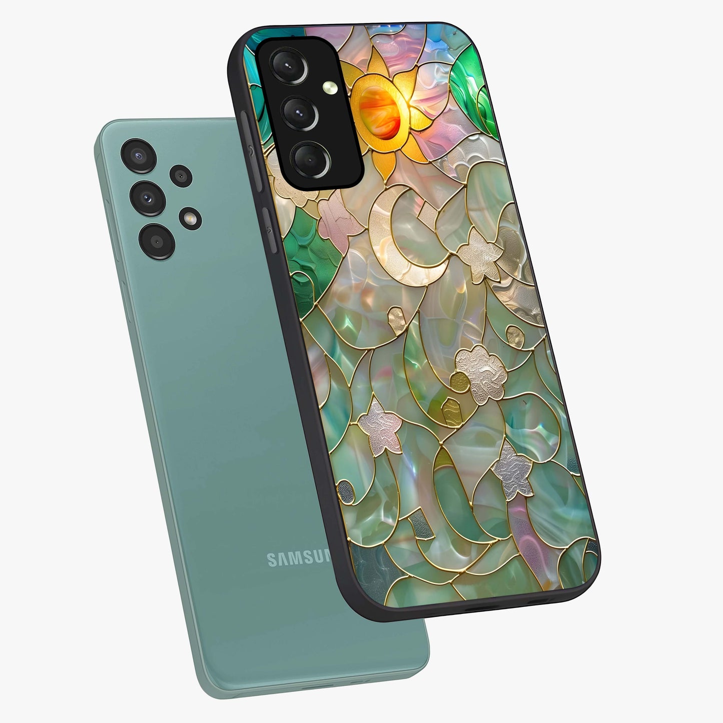 Stained Sunrise Glow Glass Case displayed in angled mockup highlighting radiant sunrise design with artistic aesthetic style.
