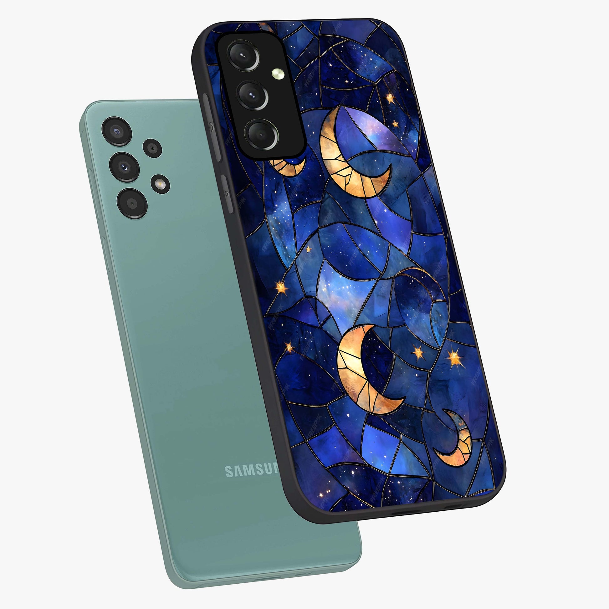 Starlit Sky Tapestry Glass Case displayed in angled mockup highlighting celestial night pattern with artistic aesthetic style.