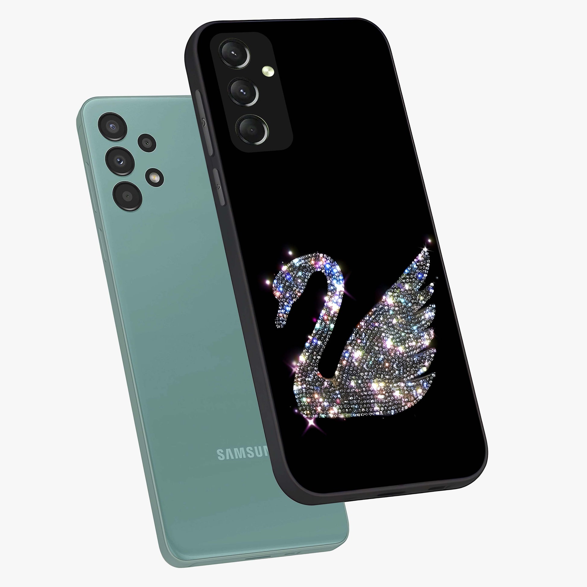 Starlit Swan Grace Glass Case displayed in angled mockup highlighting elegant swan illustration with dreamy celestial aesthetic.