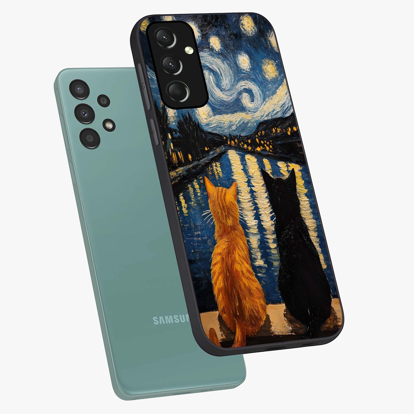 Starry River Cats Glass Case displayed in angled mockup highlighting charming feline illustration with dreamy night aesthetic.