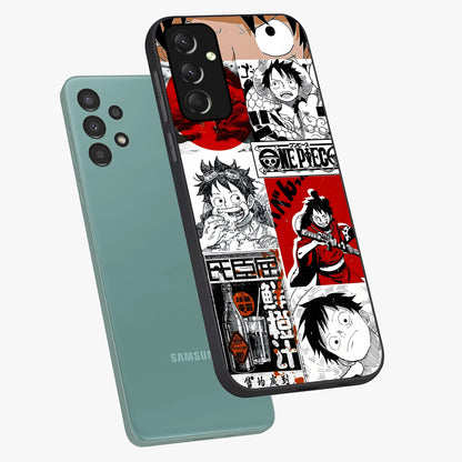 Strawhat Chaos Panels Glass Case displayed in angled mockup highlighting vibrant anime collage design with action aesthetic.
