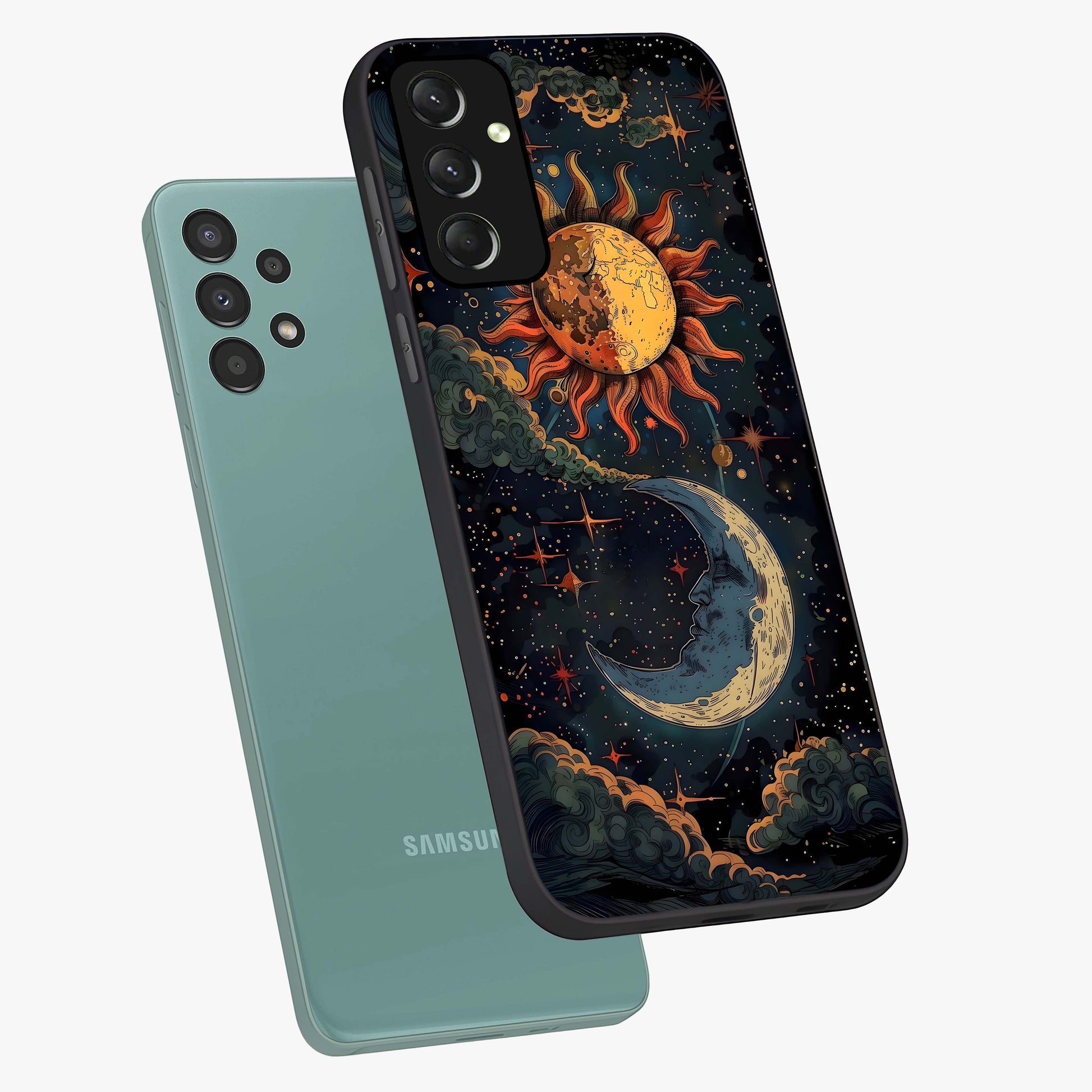 Sun And Moon Magic Design Glass Case displayed in angled mockup highlighting celestial design with magical cosmic aesthetic.