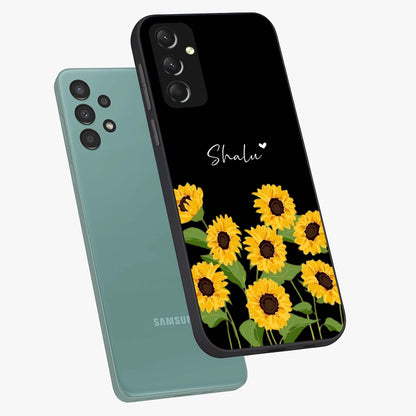 Sunflower Chic Mood Custom Name Glass Case displayed in angled mockup highlighting vibrant sunflower design with custom name feature.