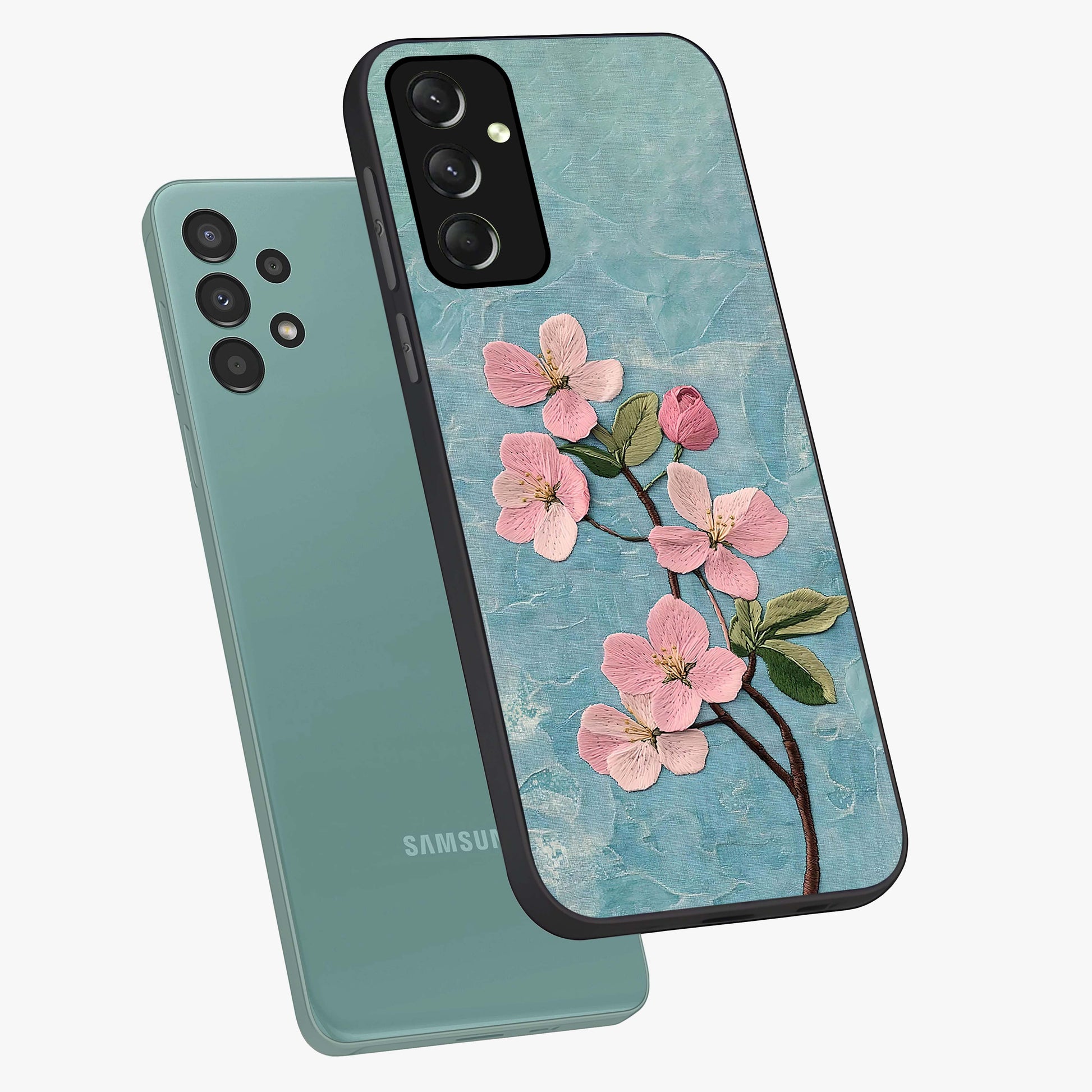 Threaded Blossom Breeze Glass Case displayed in angled mockup highlighting elegant floral design with soft aesthetic style.