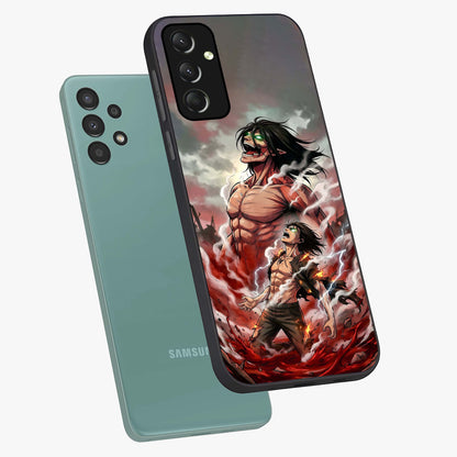 Titan Awakening Fury Glass Case displayed in angled mockup highlighting dramatic giant warrior design with bold anime aesthetic.