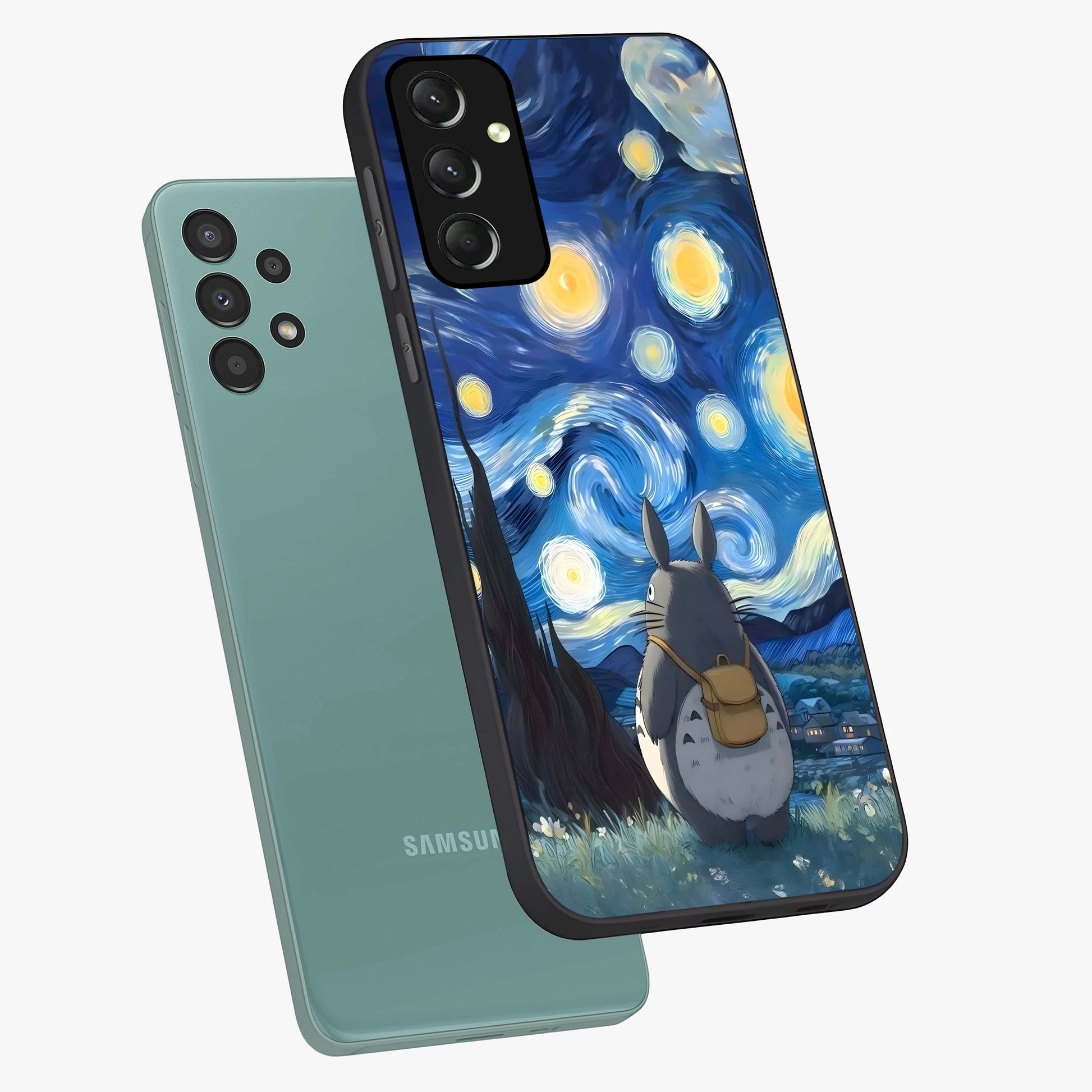 Totoro In Van Gogh Art Glass Case displayed in angled mockup highlighting artistic swirling sky design with playful animation aesthetic.