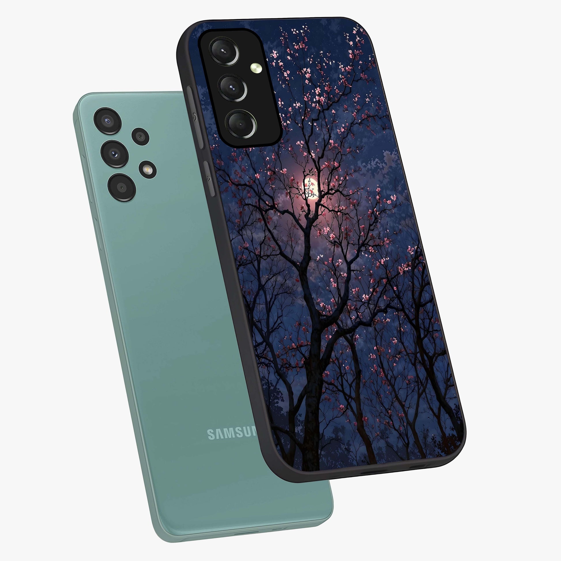 Twilight Sakura Serenade Glass Case displayed in angled mockup highlighting delicate sakura flower design with dreamy aesthetic.