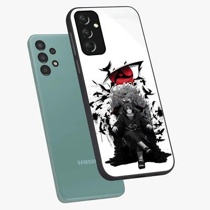 Uchiha Shadow Throne Glass Case displayed in angled mockup highlighting glowing aquatic design with celestial aesthetic.
