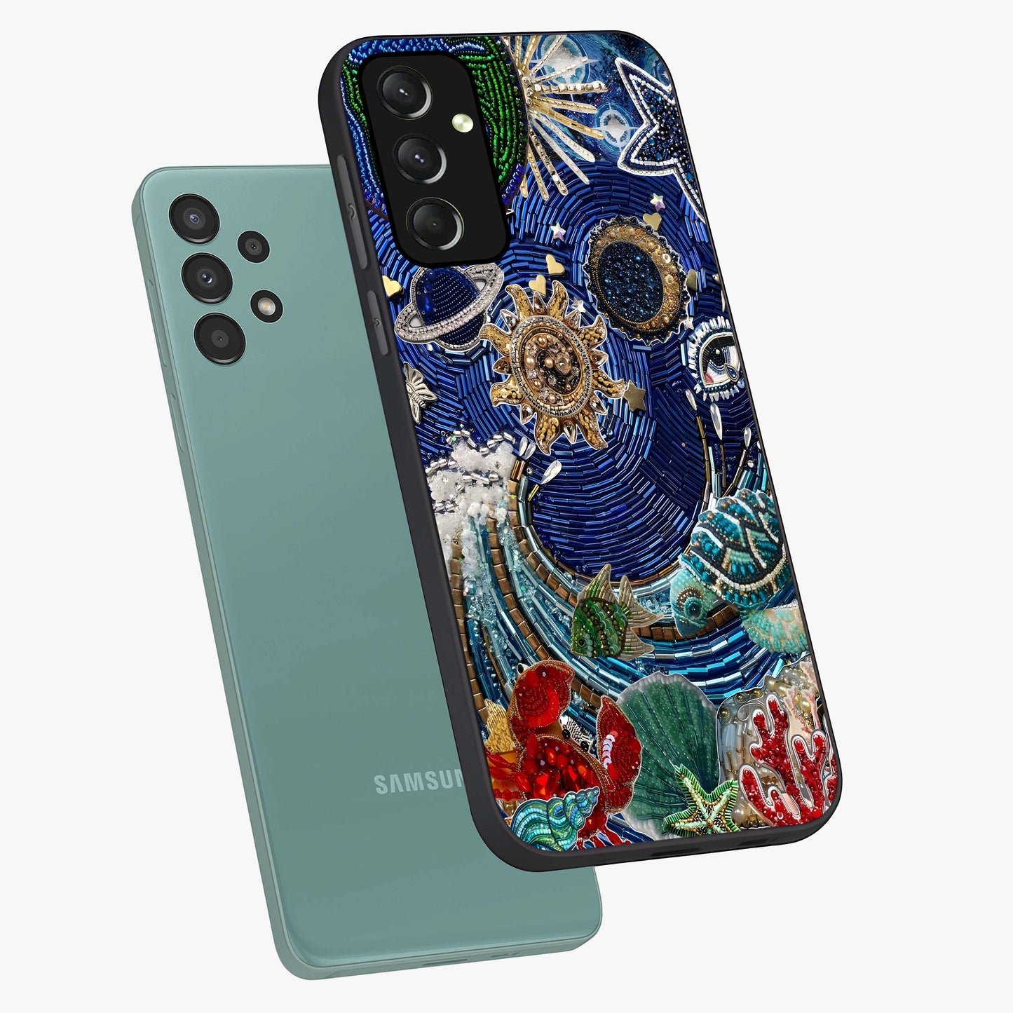 Universe Underwater Spark Glass Case displayed in angled mockup highlighting glowing aquatic design with celestial aesthetic.