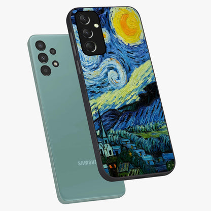 Van Gogh Art Glass Case displayed in angled mockup highlighting swirling brushstroke design with artistic aesthetic.