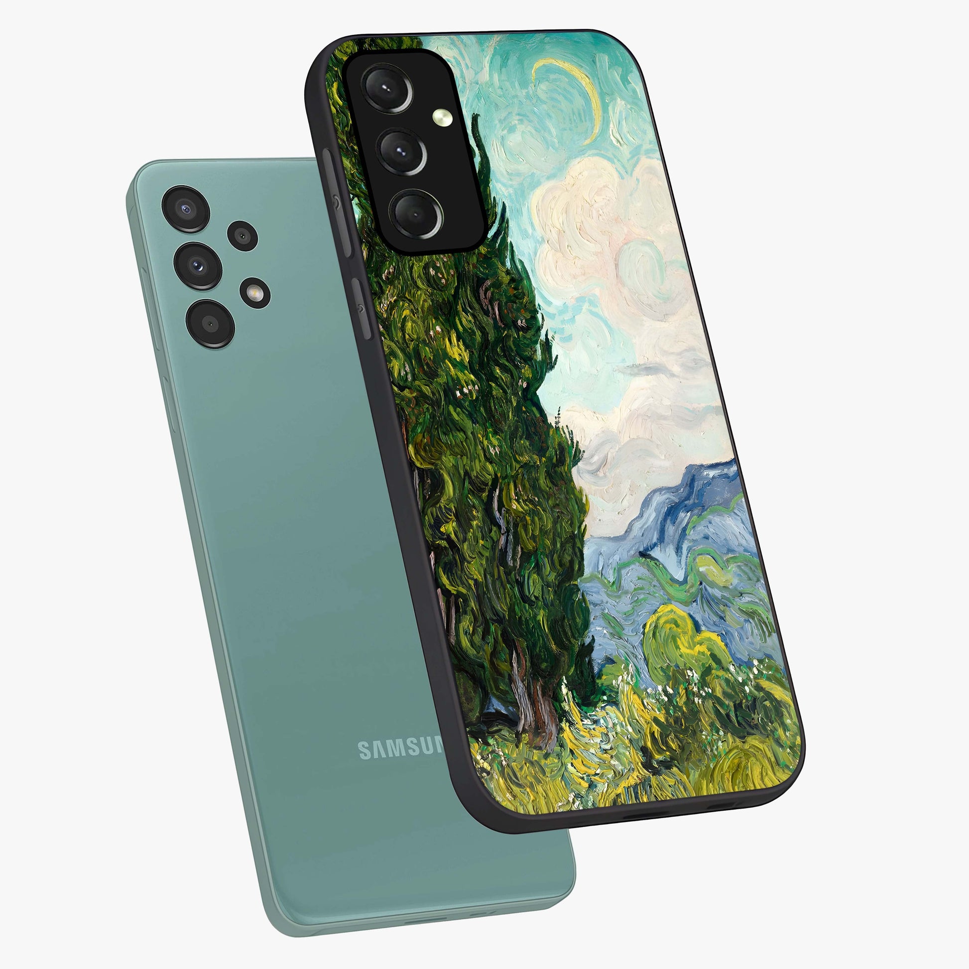 Van Gogh Vintage Art Glass Case displayed in angled mockup highlighting textured brushstroke design with classic aesthetic.