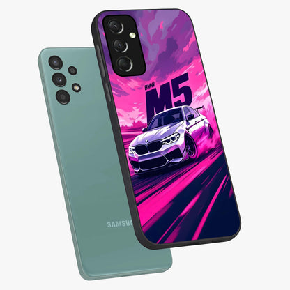 Velocity Drift Pulse Glass Case displayed in angled mockup highlighting dynamic drift design with sporty automotive aesthetic.