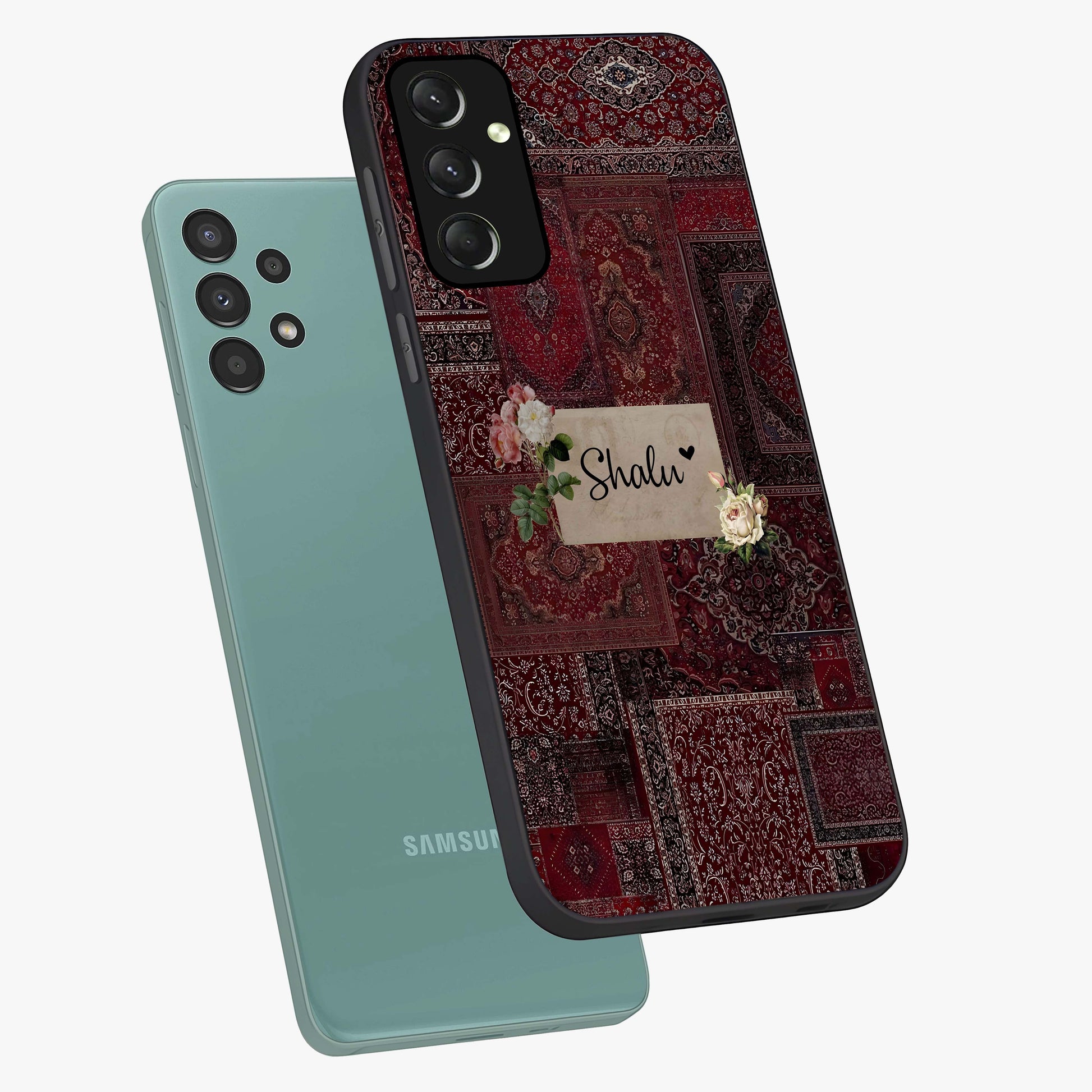 Velvet Wine Pattern Custom Name Glass Case displayed in angled mockup highlighting decorative velvet inspired design with custom name feature.