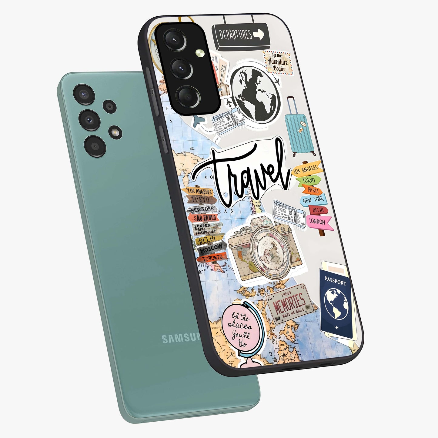 Wanderlust Journal Glass Case displayed in angled mockup highlighting adventure themed design with aesthetic travel vibe.