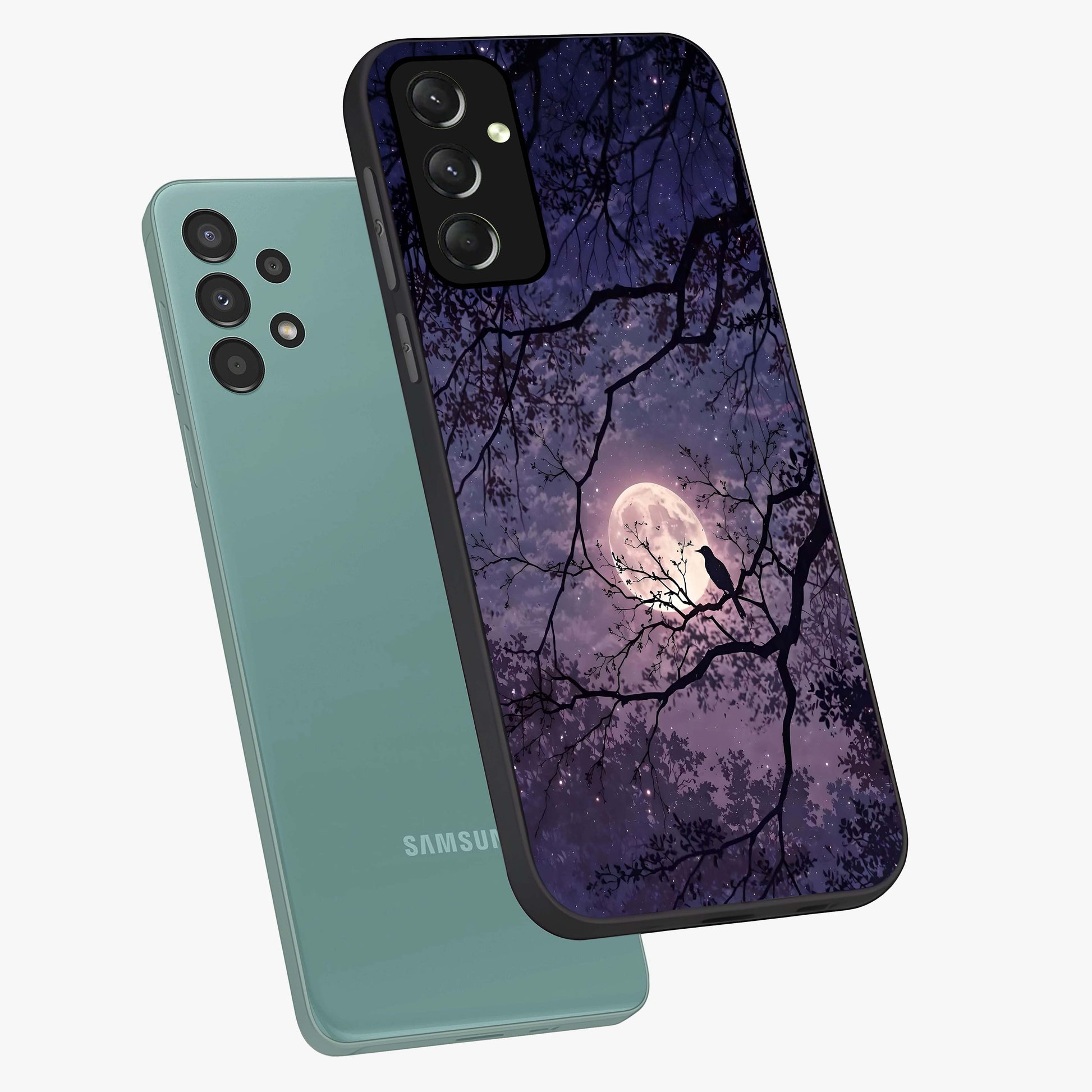 Whispering Moon Silence Glass Case displayed in angled mockup highlighting calm lunar design with dreamy night aesthetic.