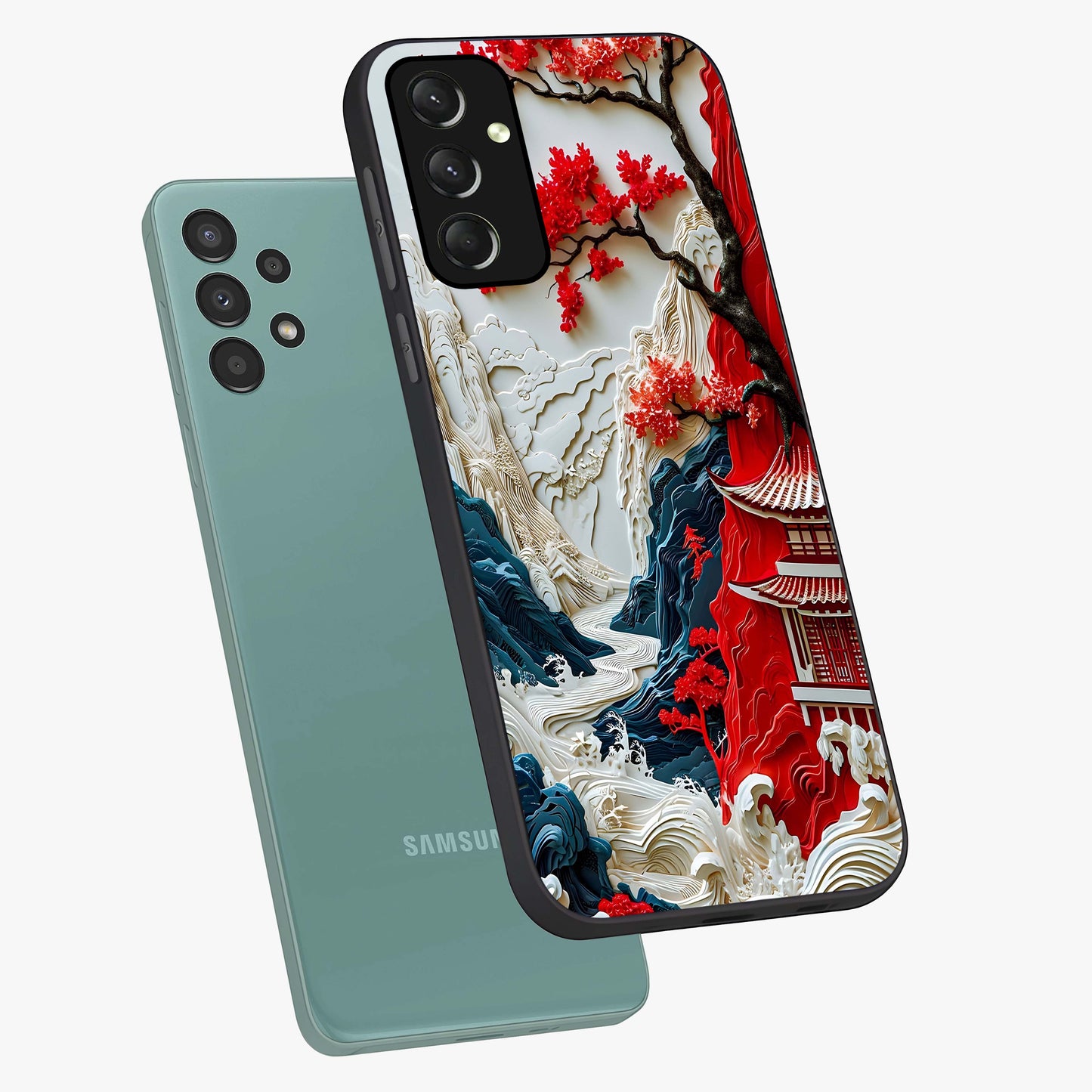 Whispers Of Sakura Waves Glass Case displayed in angled mockup highlighting flowing sakura design with soft floral aesthetic.