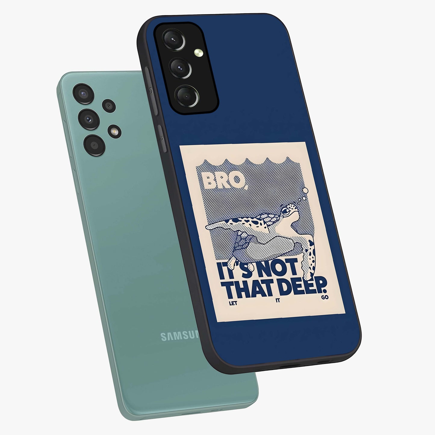 Worry Less Swim Glass Case displayed in angled mockup highlighting fun typography design with relaxed aesthetic style.