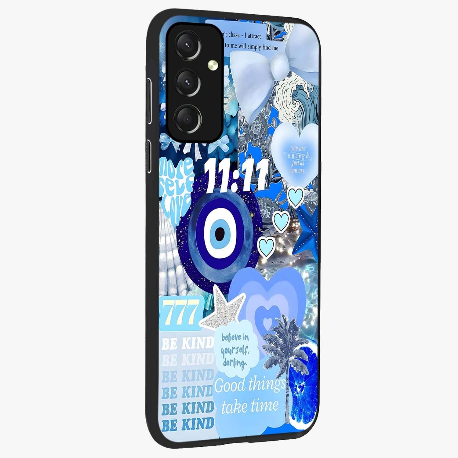 Aesthetic Be Kind Eye Glass Case upright view showcasing stylish eye illustration with positive message theme.