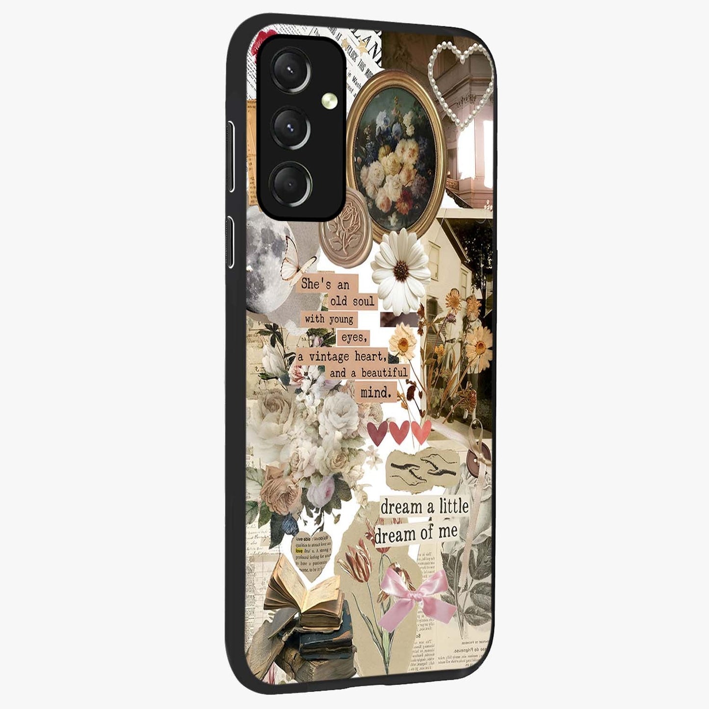 Aesthetic Brown Vintage Collage Glass Case upright view showcasing nostalgic retro artwork with stylish vintage theme.