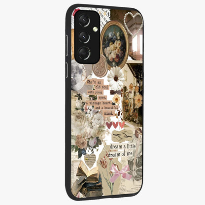 Aesthetic Brown Vintage Collage Glass Case upright view showcasing nostalgic retro artwork with stylish vintage theme.