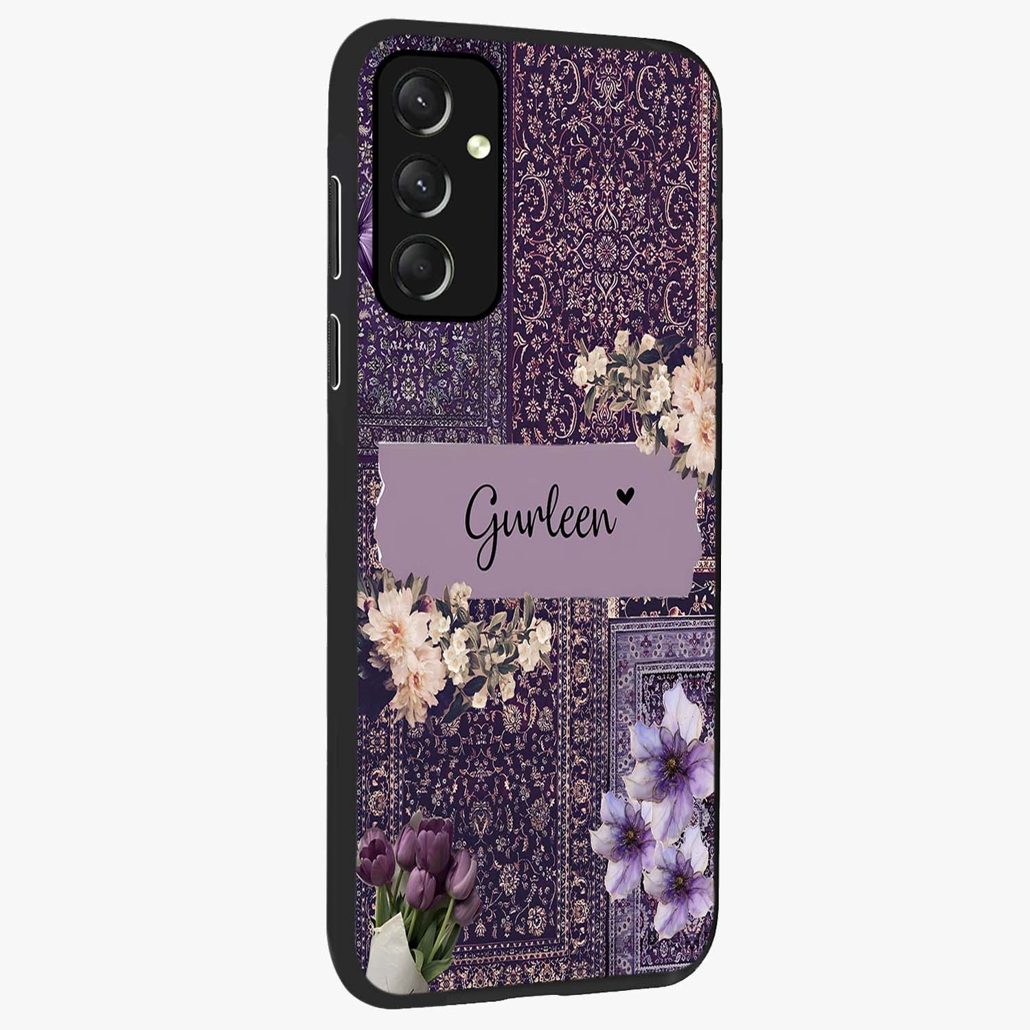 Antique Floral Whisper Custom Name Glass Case upright view showcasing delicate floral artwork with custom name feature.