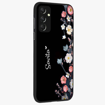 Black Elegance Floral Custom Name Glass Case upright view showcasing luxurious black floral design with personalized name detail.